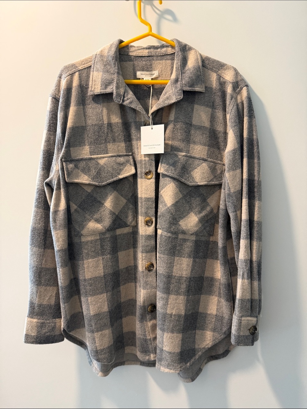 beachlunchlounge Gray and Cream Plaid Button-Front Utility Shacket